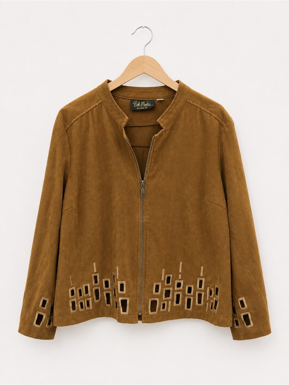 Bob Mackie Brown Faux Suede Full Zip-Front Jacket with Cutout Hem Y2K